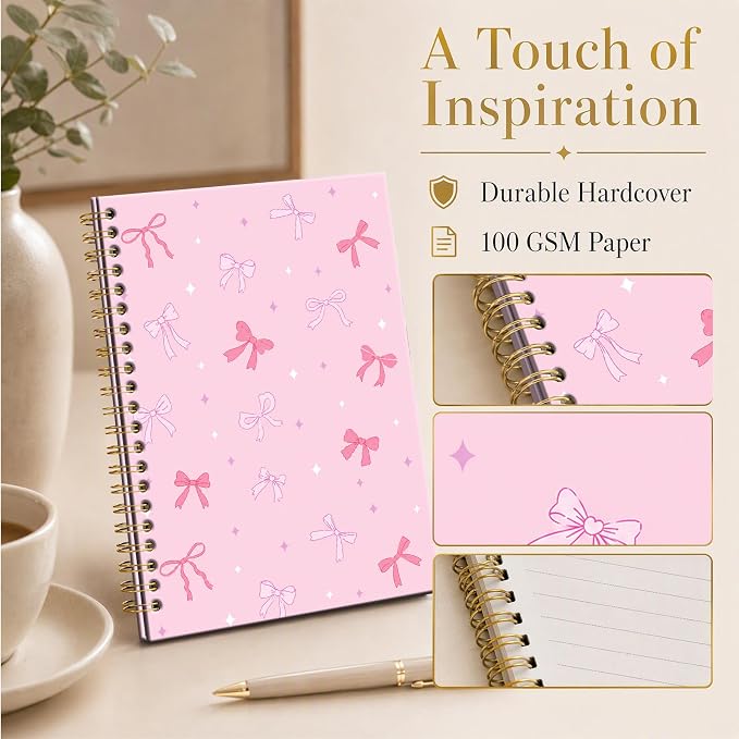 ATJFKIXL Cute Spiral Journal Notebook, A5 120 Page College Ruled Wirebound Notebook, Soft Cover for Students Office Notes and Planning - Pink Bow Sparkle