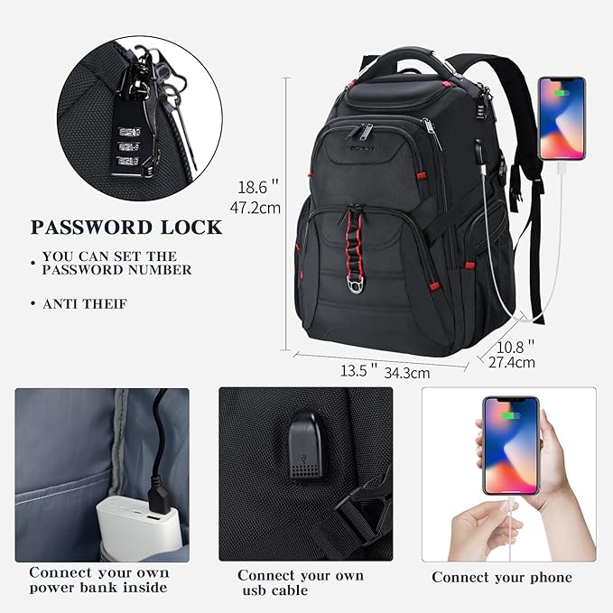 EMPSIGN Travel Laptop Backpack for men, 17.3 Inch Computer Backpack, 45L Anti-Theft Business Laptop Backpack with USB Charging Port, Water-Repellent Work College School Backpack for Men Women, Black