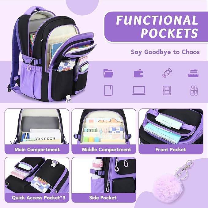 MUSEVOS Kids Teenage Girls Backpack, Elementary/Middle/High Schoolbag, Multi-Compartment Water-resistant Cute Bookbag, 17inch