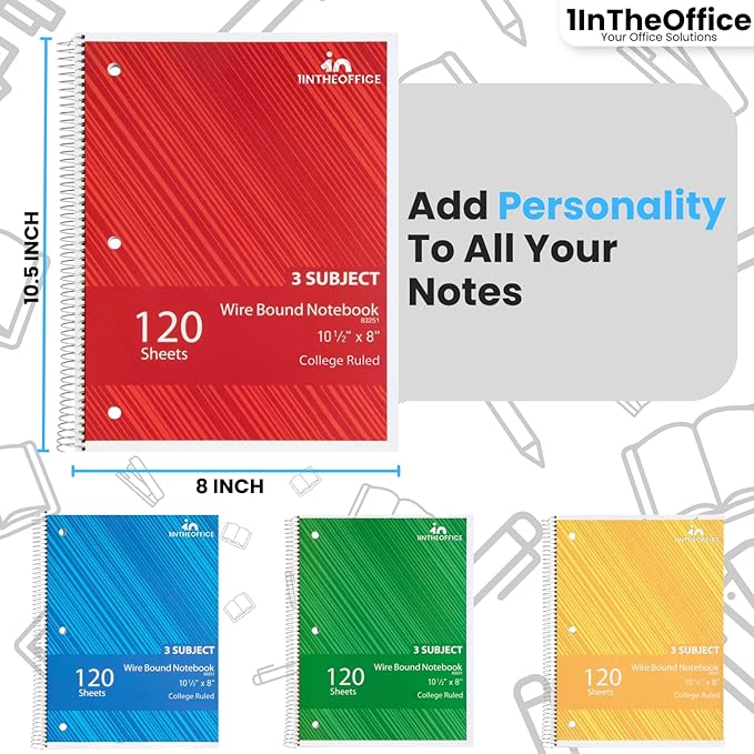 1InTheOffice Spiral Notebook College Ruled 8.5 x 11, 3-Subject College Ruled Notebooks, Wirebound Spiral Notebooks, 3-Hole Punched, 120 Sheets, Black, 4 Pack