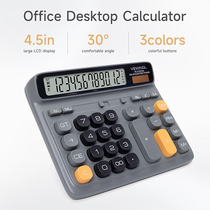 VEWINGL Desktop Calculator with Extra Large LCD Display, 12-Digit Dual Power Solar & Battery Calculator, Big Button Office Calculator for Accounting, Home, School & Business Use (Charcoal Gray)