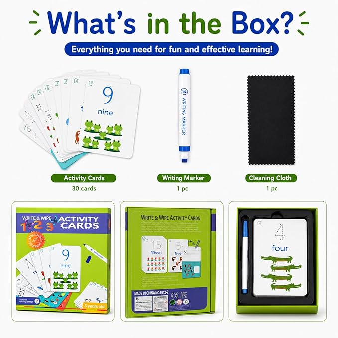 Write & Wipe Activity Cards for Kids, Reusable Tracing Flash Cards, Preschool Handwriting Practice Set, Letter Number Math Learning Activities Ages 3-6 (Number Tracing)