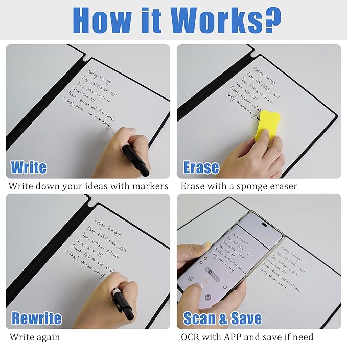 2 Pack Portable White Board Dry Erase Notebook 12" x 9" (A4), Black & Blue Double Sided Folding Reusable Whiteboard, Anti-Ghosting & Anti-Smudg Surface Notebook