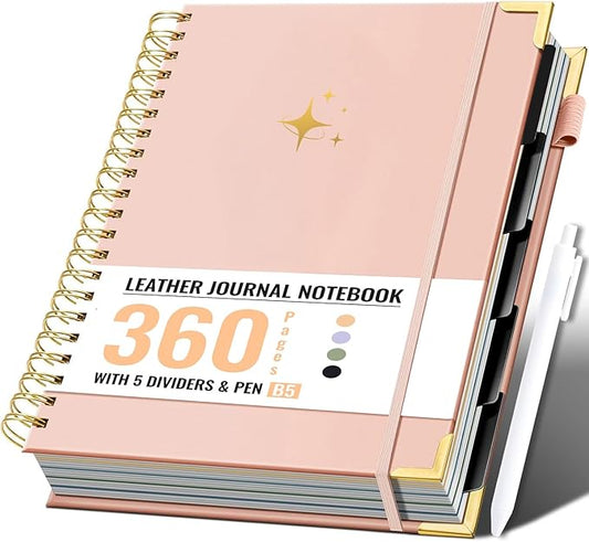 FLYING EAGLE Leather Spiral Notebooks for Work 5 Subject Notebook College Ruled with Dividers Pen, 360 Pages B5 Hardcover Lined Journals for Women Men Writing,Pink