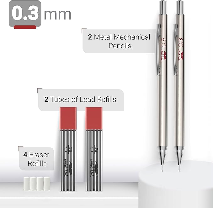 Mr. Pen- Metal Mechanical Pencil Set with Lead Refills & Erasers, 2 Pack, 0.3mm, 4x Tubes HB Lead Refill, 4x Eraser Refills for School Supplies, Note Taking, Drawing, Sketching, Office