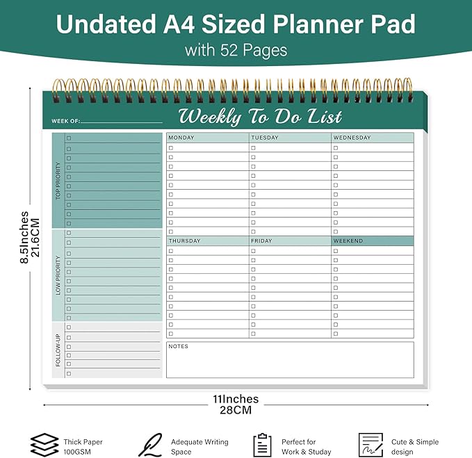 Weekly To Do List Notepad with 52 Undated Sheets（8.5"×11"）- Weekly Desk Planner Pad with Spiral Binding for Women & Man, Office, School and Home Personal Organizer