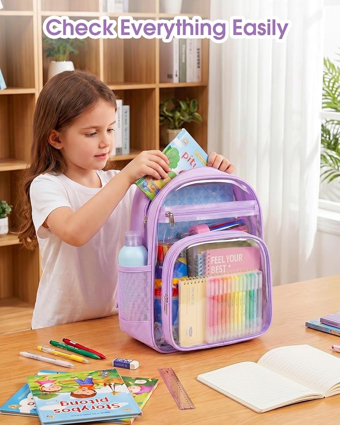 Soimeat Clear Backpack for Girls Boys - Kids Clear Bookbag - Fabric & PVC Transparent Backpacks for Elementary School, Purple