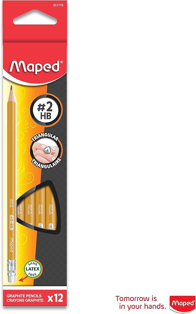 Maped - Essentials Yellow Triangular Graphite #2 Pencils - 12-Pack - Schoolwork - Smooth Writing Experience - Ergonomic Design for Comfort - Pre-sharpened Convenience