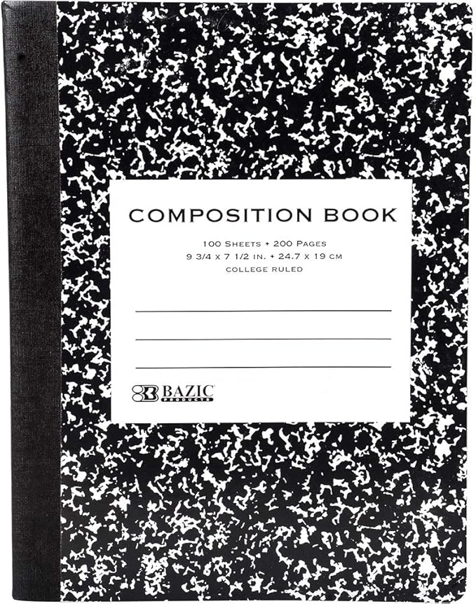 BAZIC PRODUCTS Composition Notebook College Ruled - 100 Sheets, Black Marble Composition Notebook with Durable Cover, Non-Spiral and Lined Paper for Journaling, School, Home, or Office, 1-Pack