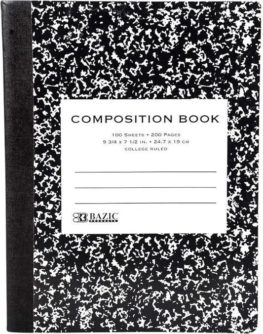 BAZIC PRODUCTS Composition Notebook College Ruled - 100 Sheets, Black Marble Composition Notebook with Durable Cover, Non-Spiral and Lined Paper for Journaling, School, Home, or Office, 1-Pack