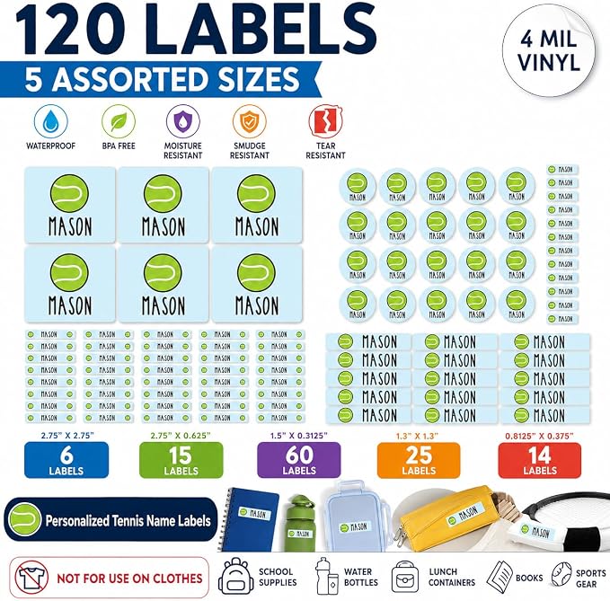 Andaz Press Custom Personalized Waterproof School Name Labels, Tennis, 120-Pack, Kids Labels Combo Pack, Customizable Multi-Use Name Stickers for Preschool, Daycare, Supplies, Office, Water Bottle