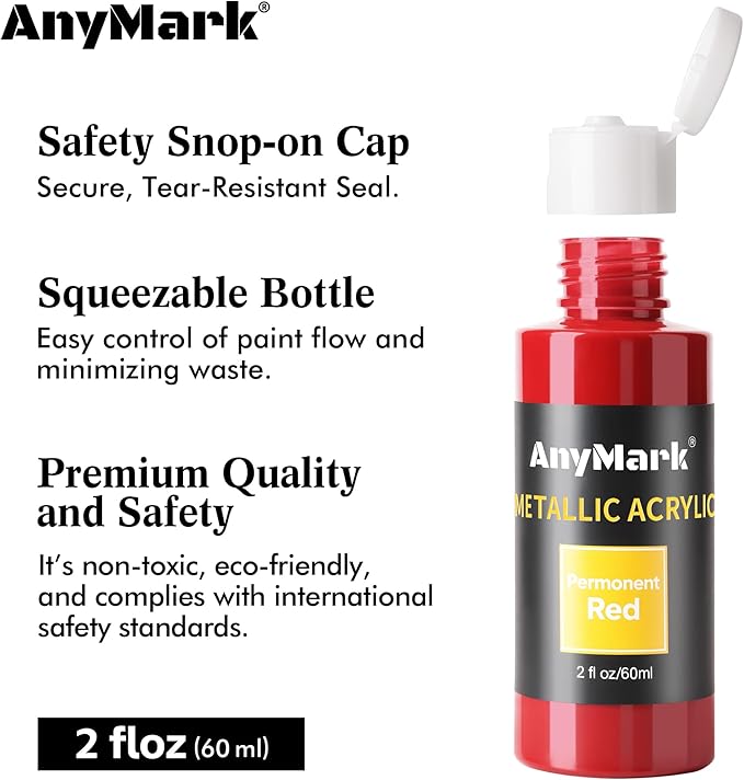 AnyMark Metallic Acrylic Paint, 24 Colors with 10 Brushes, 2 fl oz/60ml Bottles, Glitter Acrylic Paint Set for Kids Adults Canvas, Rock, Wood