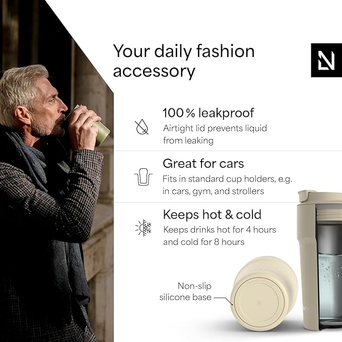 LARS NYSØM Thermo Coffee Mug to go 17oz | Travel Mug 0.5 Liter with Insulation | Silicone grip base | Leak Proof Stainless Steel Tumbler for Coffee and Tea on the Go (Powder Beige, 17oz)