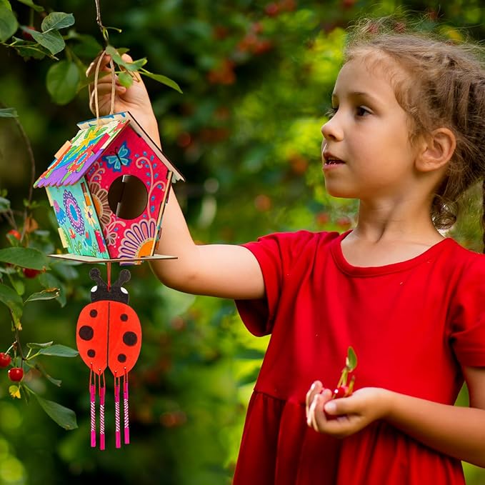 DoodleDoo 8 Pack Bird House & Wind Chime Kits, Buildable Birdhouse DIY Crafts for Kids Ages 4-8 8-12, 3+ Summer Arts and Craft for Children Boy Girl to Build, Valentine's Day Gift