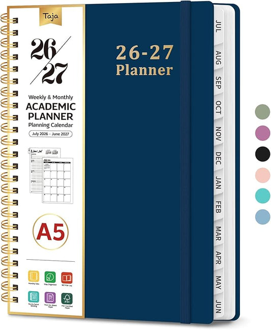 Planner 2026-2027, 6.3" x 8.5" Weekly and Monthly Academic Year Planner Calendar, July 2026 - June 2027, Hardcover Large School Planning Agenda With Tabs, Perfect for School & Office Supplies, A5, Navy Blue