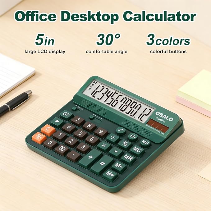Pendancy Desk Calculator Large Display, 5in LCD 12-Digit, Large Button Calculators Desktop for Accounting, Battery Solar Powered, Rounding Mode & Decimal Places, for Office Business & Home(OS-6815)