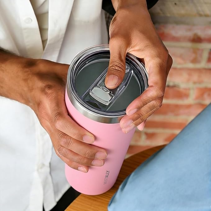 NESTALLY Coast 20oz Stainless Steel Tumbler, Extra Capacity Holds Up to 22oz, Double Wall Vacuum Insulated Travel Coffee Mug with Lid & Metal Straw, Leakproof Reusable Cup for Travel (Blush Pink)
