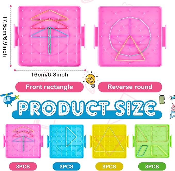 Deekin 50 Pcs Double Sided Geoboard Mathematical Kids Geoboards with Rubber Bands Math Manipulatives Toy for Geometry, 6.9 x 6.3 Inches Classroom Back to School