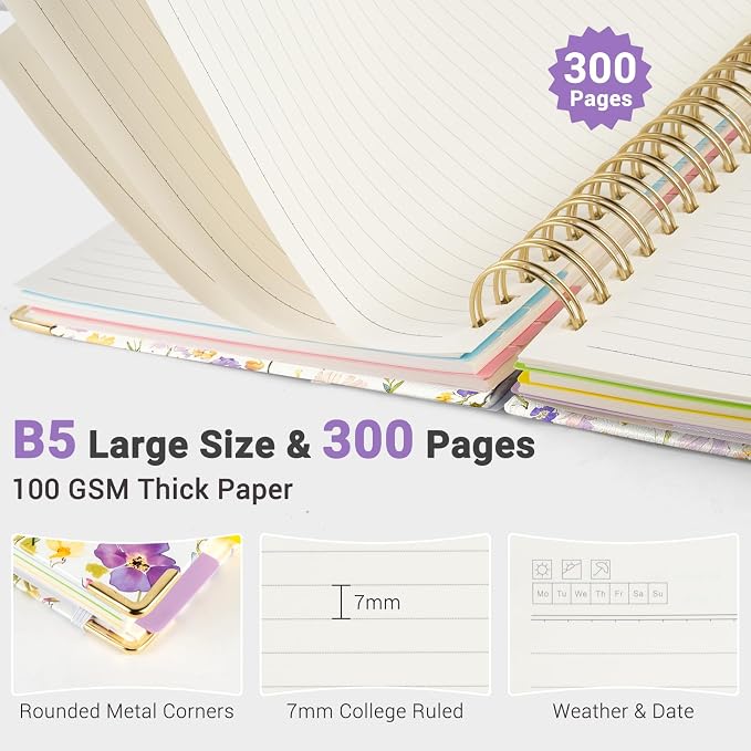 Hardcover Spiral Journal Notebook, 300 Pages 5 Subject Notebook College Ruled with Removable Dividers Tabs, 8" x 10" Notebooks for Work, Spiral Ruled Lined Writing Journal Hardcover Leather Notebook for School (Colorful Floral, 8''x 10'')