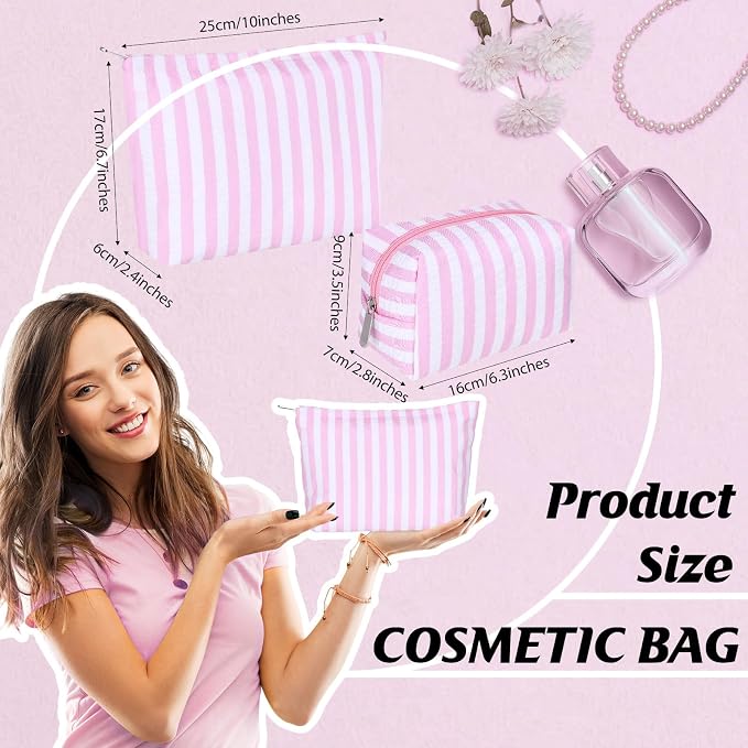 Huhumy 2 Pcs Makeup Bag Set for Women, Pink, Wide Striped Seersucker | Cute Cosmetic Pouch Women Travel Toiletry Bag Preppy Small Makeup Purse Pouch Aesthetic Skincare Brushes Storage Organizer