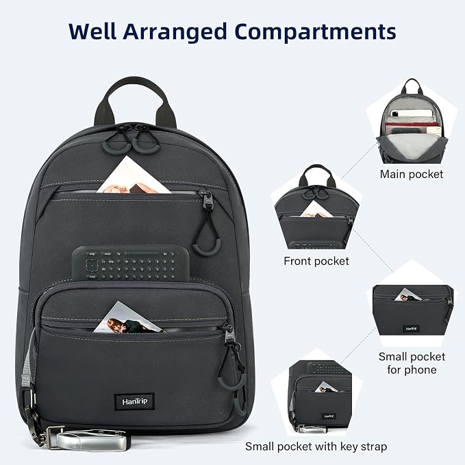 HanTrip 13 Inch Mini Small Travel Backpack Cary on For Women Men, Dark Gray | 13L Capacity, Lots of Pockets, Padded Shoulder Strap, Lightweight, Water Resistant, Bookbag for College, Commuter, Work