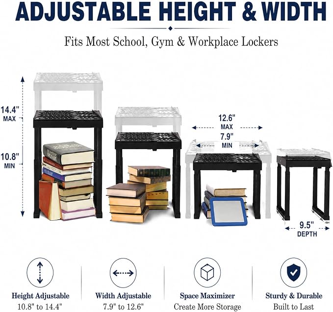 Svartur Locker Shelf Height and Width Adjustable, Locker Organizer for Work, Stack-able Locker Stand Tools for Gym Locker, Locker Accessories Stuff, Black, Pack of 2