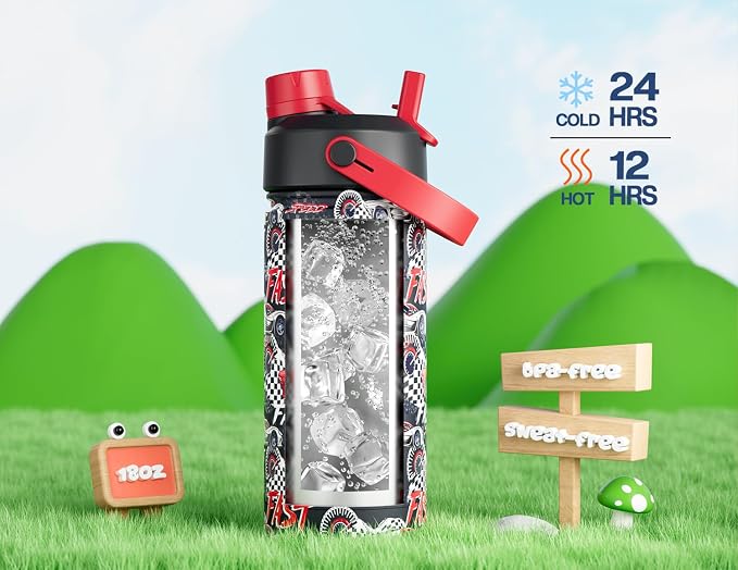 18 oz Stainless Steel Water Bottle for kids: Leakproof, BPA-Free, Easy Carry, Backpack Friendly, 24H Cold, Reusable Insulated Cup, Durable Straw Spout Lid for Sports, Adventures, Camping (Turbo Racer)