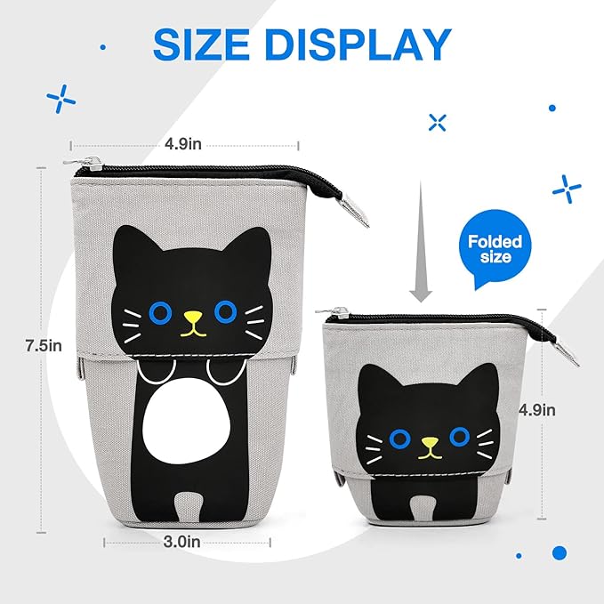 Cat Cute Standing Pencil Case for Kids, Pop Up Pencil Box Makeup Pouch, Stand UP Cartoon Christmas Gift Kids Pen Holder Organizer Cosmetics Bag, Kawaii Stationary (Black Cat)