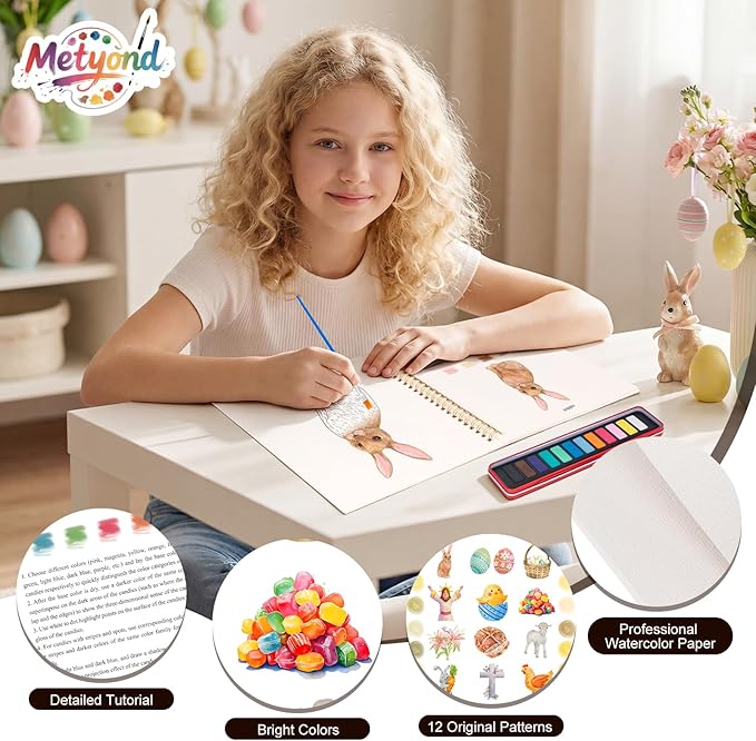 Metyond Easter Watercolor Workbook - Watercolor Coloring Book with 1 Workbook 12 Colors Paint Set with Brush, Beginner Friendly Watercolor Workbooks Set Easter Gift for Adults Teens