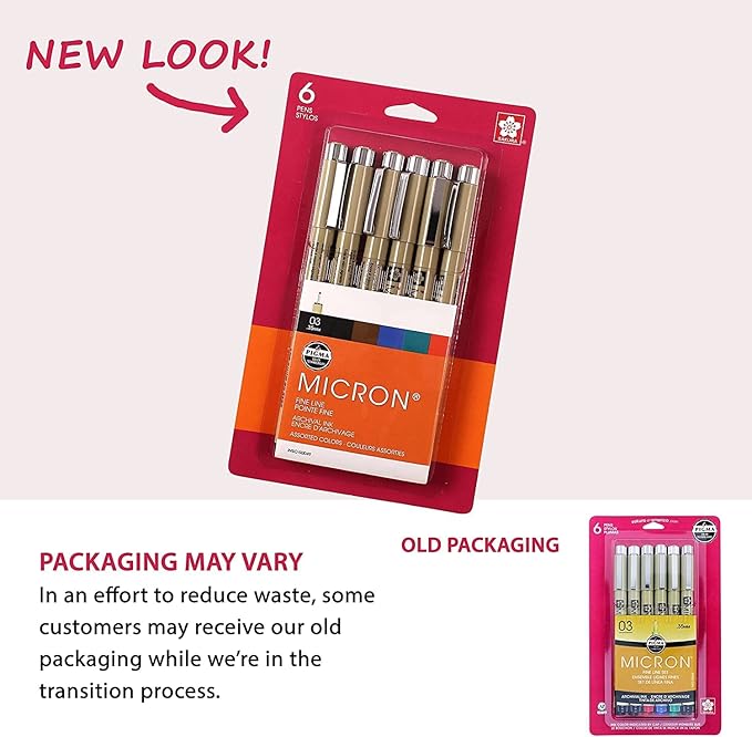 SAKURA Pigma Micron Fineliner Pens, 03 Tip Size, Archival Ass't Colors, 6 PK 50049
