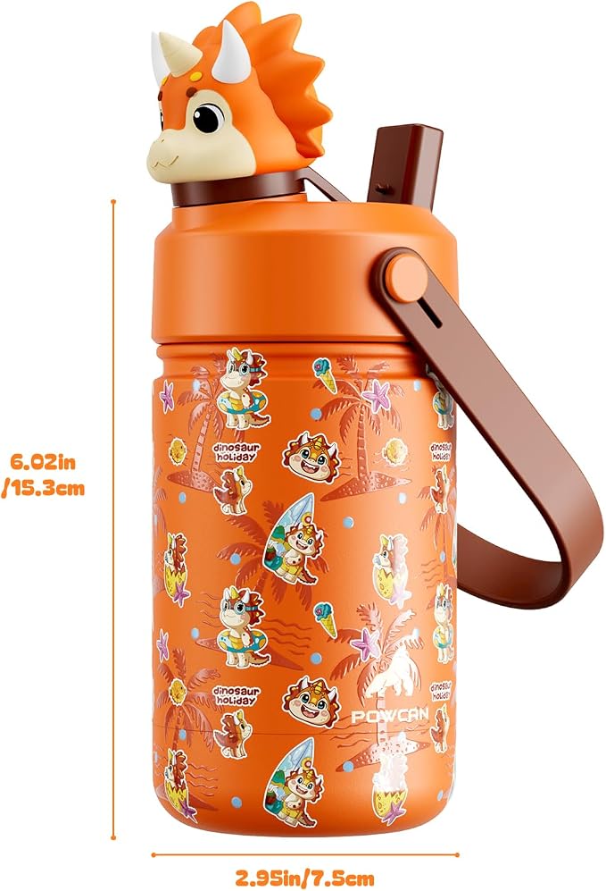 POWCAN 12 oz Kids Water Bottle Insulated: 2-in-1 Straw Spout Lid with Soft Animal Head, BPA-Free, Leakproof, Keep Cold 24H, Backpack Friendly, Stainless Steel Cup for School, Trip, Gift (Sunny Trike)