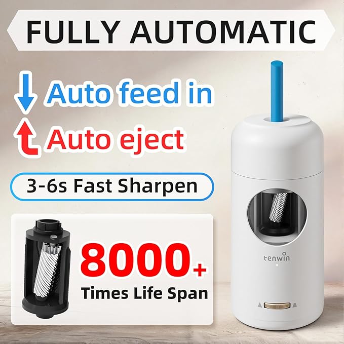 tenwin Rechargeable Electric Pencil Sharpener, Fully Automatic Pencil Sharpener for 7-11.5mm Jumbo Pencils, Hands-Free Sharpener for Colored Pencils, Auto in&Out, Adjustable Pencil Nibs, Silver