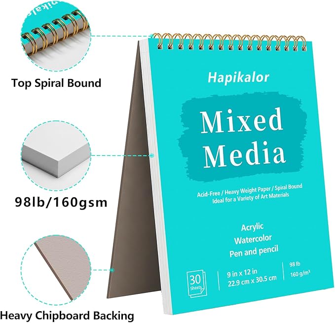 Sketch Book Mixed Media Pad - 9" x 12" Top Spiral Bound Sketch Pad, 30 Sheets 98lb/160gsm Acid-Free Drawing Paper, Light Watercolor Sketchbook for Drawing, Sketching, Painting, Art Supplies