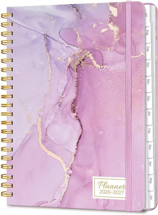 Lonely Oak Academic Planner 2026-2027, Daily Weekly and Monthly Agenda Planner 6.18" x 8.5" with Tabs, 12 Months Spiral School Year A5 Calendar from Jul.2026 to Jun.2027 for Student and Teacher (Purple Marble)