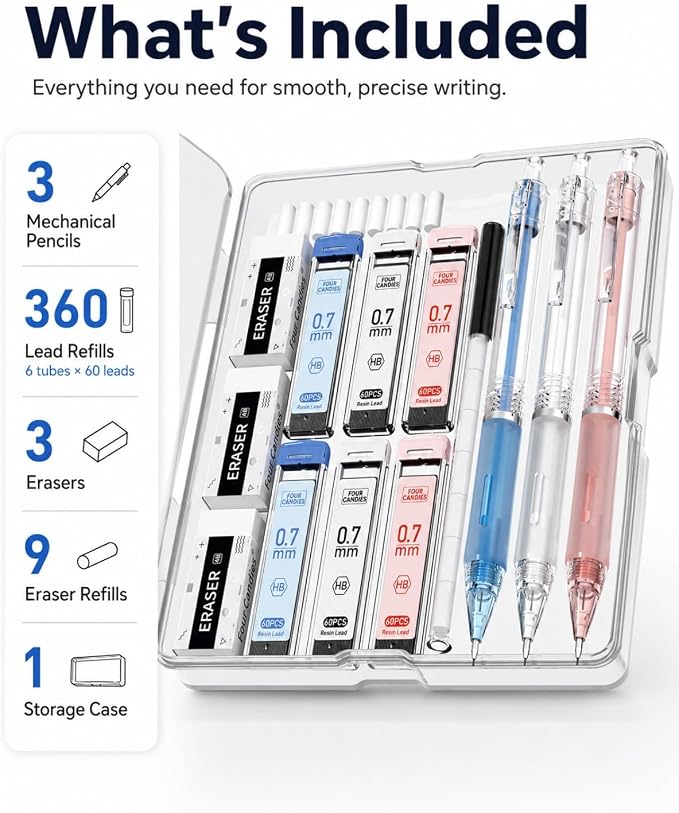 Four Candies Cute Mechanical Pencil Set, 3-Pack 0.7mm | 360 Lead Refills, 3 Erasers, 9 Eraser Refills, Non-Slip Rubber Grips, Aesthetic Design, for Daily Writing and Drawing