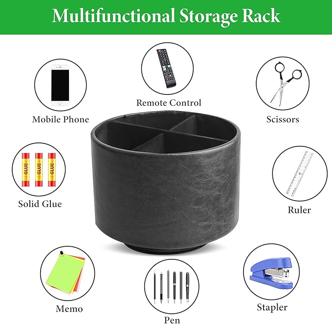 Round Leather Art Supply Organizer,Remote Control Holder,360 Degree Spinning,Multi-Functional Pencil Holder,4 Compartments Desktop Stationary Organizer(1-Oil Black)