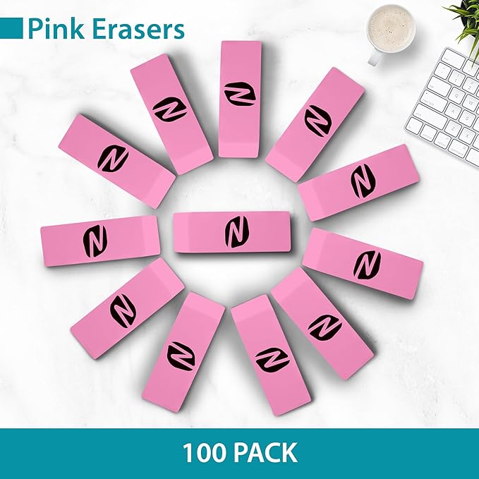 Noverbee 100‑Pack Pink Pencil Erasers – Large Latex‑Free Bulk Erasers for Kids, School, Classroom & Office – Smudge‑Free, Durable, Non‑Toxic Art & Homework Supplies