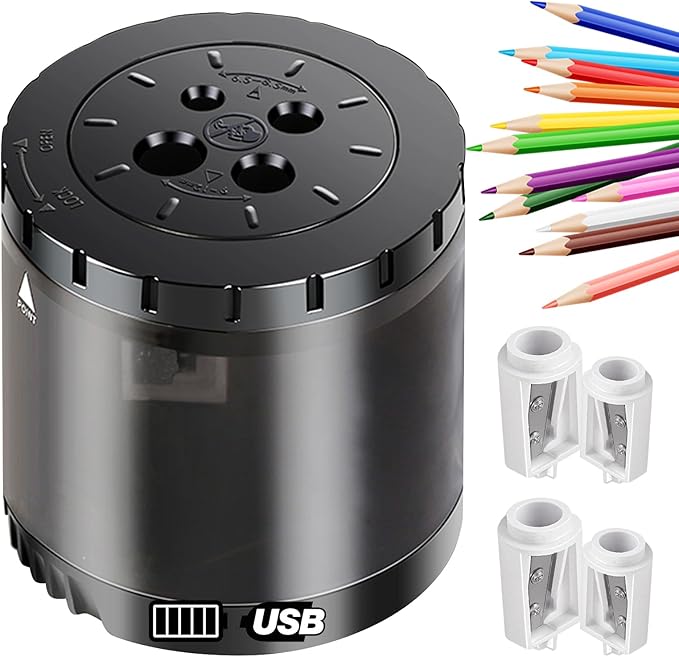 Heavy-Duty Electric Pencil Sharpener USB and Battery Power 4 Replacement Blades 4-Hole Adjustable for 6-12mm Art Pencils Large Capacity Automatic Pencil Sharpeners Black