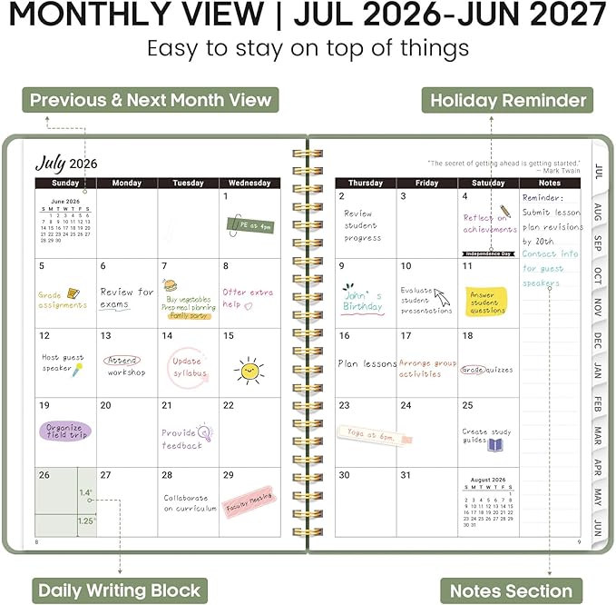 Academic Planner 2026-2027, Weekly and Monthly Calendar Planner Book, July 2026 – June 2027, Hardcover Organizer with Tabs, Perfect for Teachers, Students, Women & Men, A5 (6.4" x 8.5") - Green