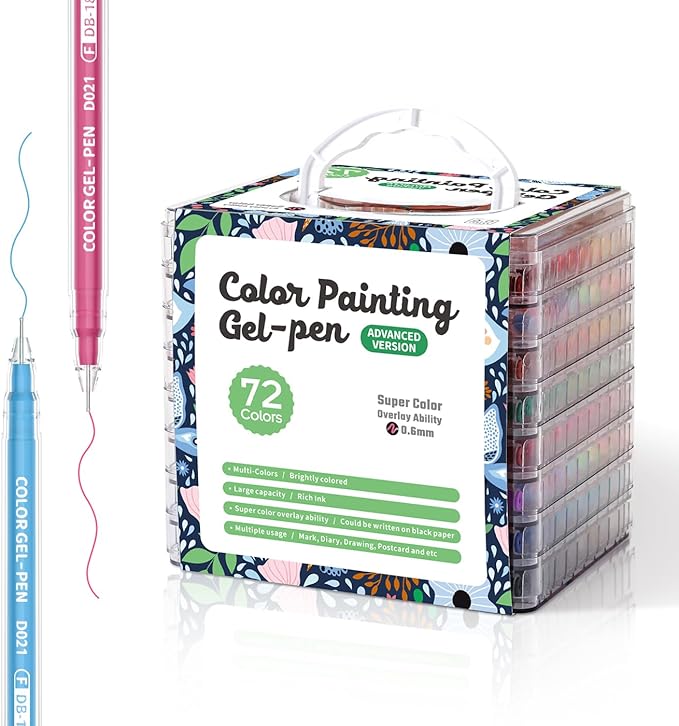 Acrylic Gel Pens for Coloring, 72 Pack Colored Gel Pens for Black Paper & White Paper, 0.6mm Fine Point Colorful Pens for Adult Drawing, Journaling, Note Taking, Doodling, Art Supplies