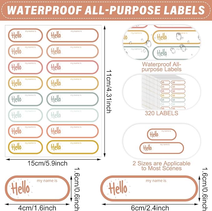 Waterproof Name Labels for Kids Daycare 320 Pcs, Hello | Self Adhesive Baby Water Bottle Stickers for School Supplies, Self Laminating, School Name Stickers for Lunch Boxes