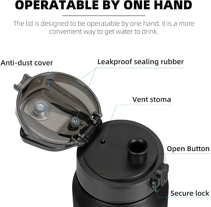 Fanhaw 24 oz Insulated Stainless Steel Water Bottle with Anti-Dust Chug Lid, Leakproof Vacuum Metal Everyday Use Bottle for Kids, Teens & Adults, Back to School Essentials (Black)
