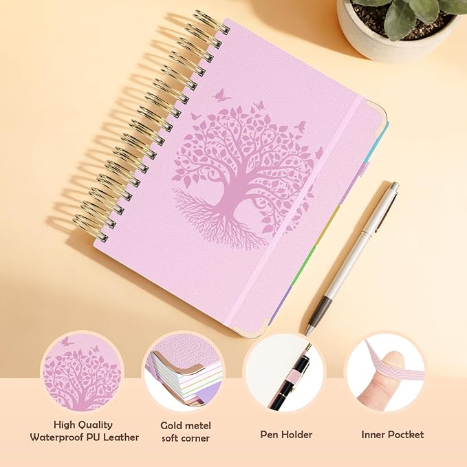 QIYVLOS Hardcover Spiral Notebook, A5 Journal with Removable Dividers Tabs, 5 Subject Notebook College Ruled, 320 Pages 6"x8" Leather Notebooks for Work School Study, Lined Journal for Women, Pink