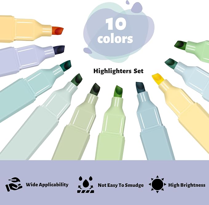 Piochoo Highlighters,10Pcs Bible Highlighters,Chisel Tip Office Accessories for Journaling Planner Notes School Supplies