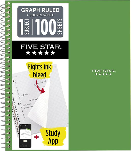 Five Star Spiral Notebook + Study App, 1 Subject, Graph Ruled Paper, 8-1/2" x 11", 100 Sheets, Fights Ink Bleed, Water Resistant Cover, Seaglass Green (620000CH1)