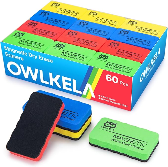 OWLKELA 60Pcs Dry Erase Erasers, Magnetic Whiteboard Eraser for Glass Board, Dry Board and Calendar Board, 4 Colors