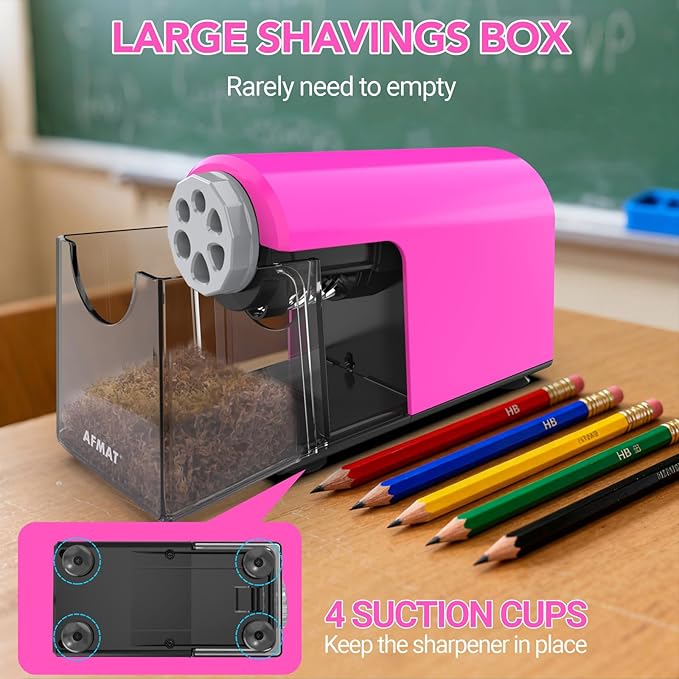 AFMAT Electric Pencil Sharpener for Classroom, 6 Holes, Cordless & Rechargeable, Fast Sharpen, Auto Stop, 10K+ Uses, Heavy Duty Pencil Sharpener for 6-11mm No.2/Large/Colored Pencils PSD2(Pink)