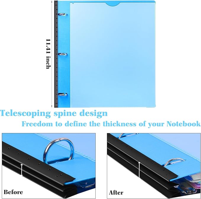 INFUN All-in-one Telescoping Binder Notebook, Refillable 3 Ring Notebook Binder with 1 plastic movable pocket folder,5 plastic subject dividers and graph paper and college ruled paper - Blue