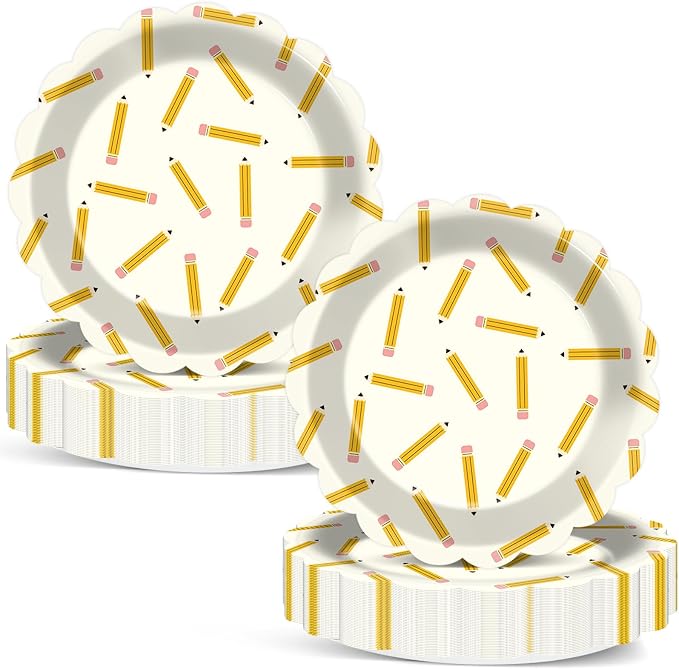 50PCS Back to School Pencil Paper Plates First Day of School Season Theme Party Decor Disposable Pencil Paper Dessert Plates Tableware Set for Graduation Kindergarten Gathering Birthday Party Supplies