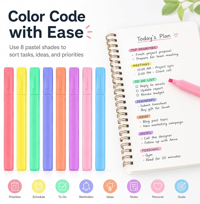 Pastel Bible Highlighters, 8 Pack Cute Chisel Tip Highlighter Set, Assorted Candy Colors for Bible Study, Journaling, Notes, School and Office